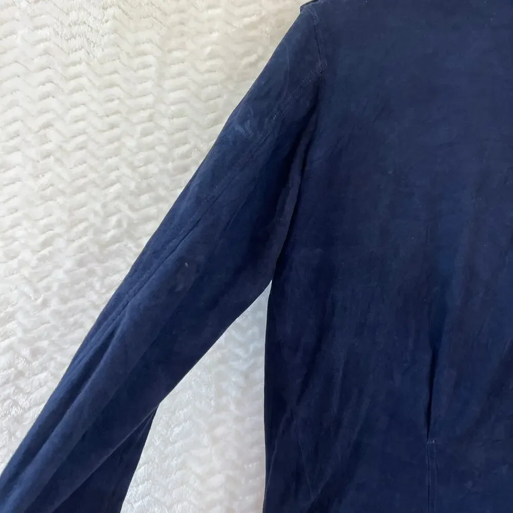 Martin Asbjorn Suede Leather Fringe Moto Biker Jacket Navy Blue Silver Sz Large - Picture 6 of 16